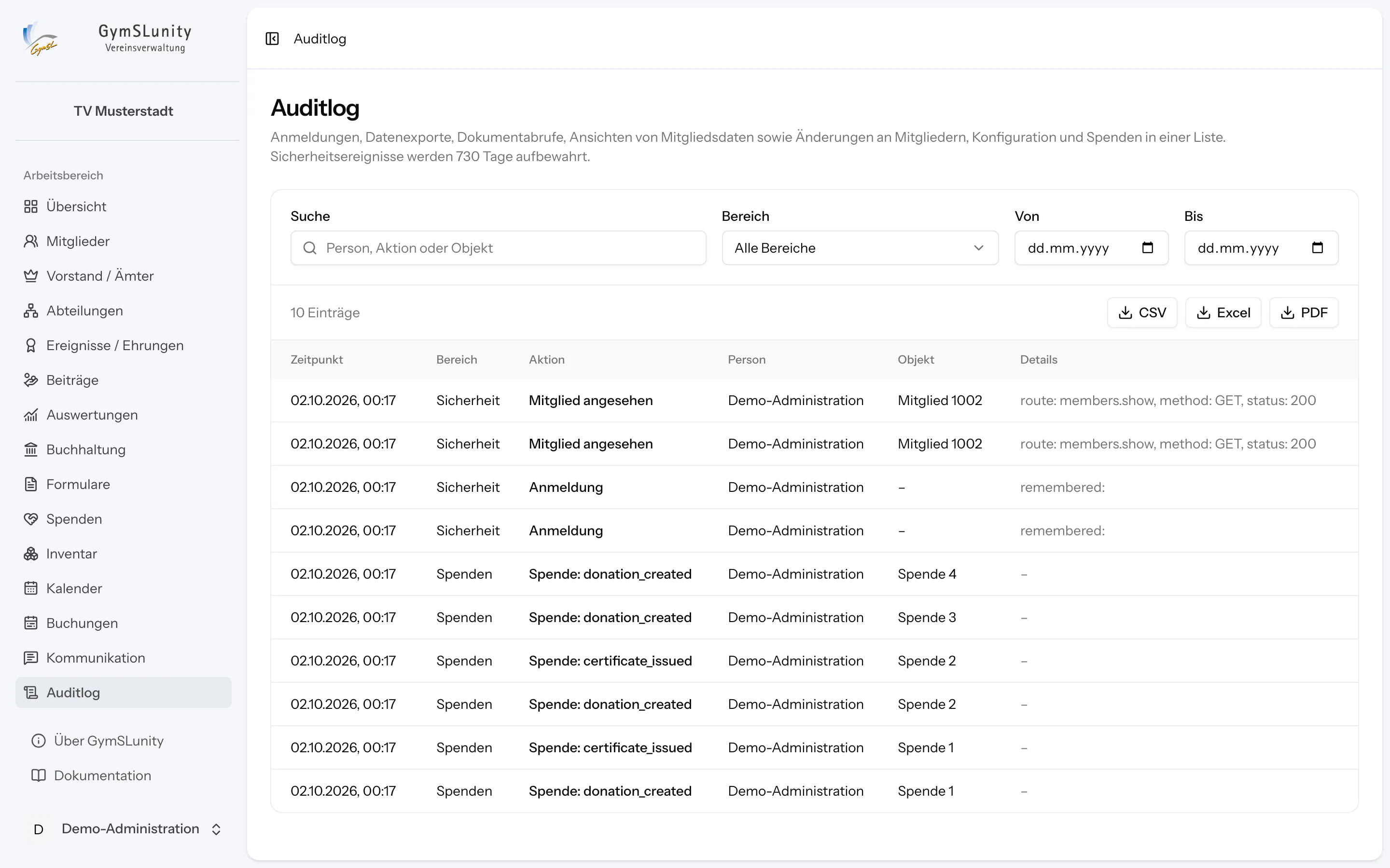 Auditlog mit protokollierten Änderungen