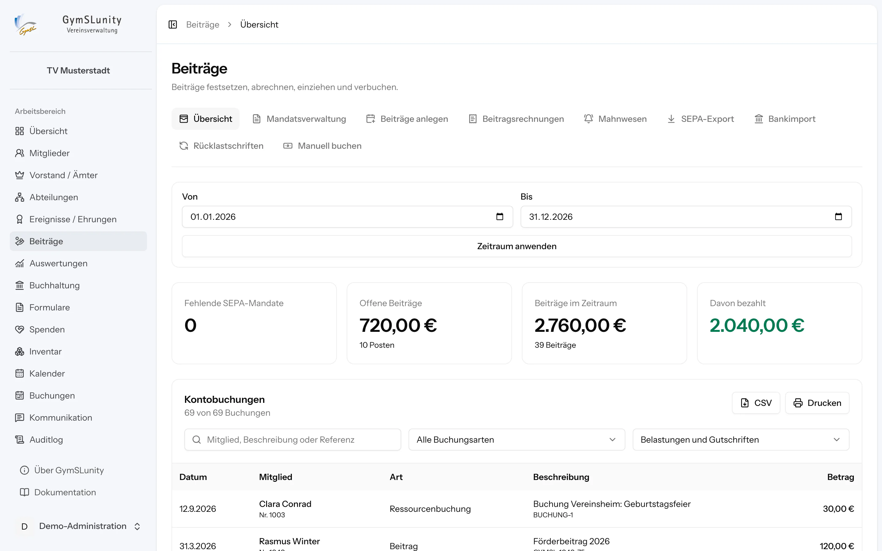 Beitragsübersicht mit offenen und bezahlten Beiträgen sowie Kontobuchungen