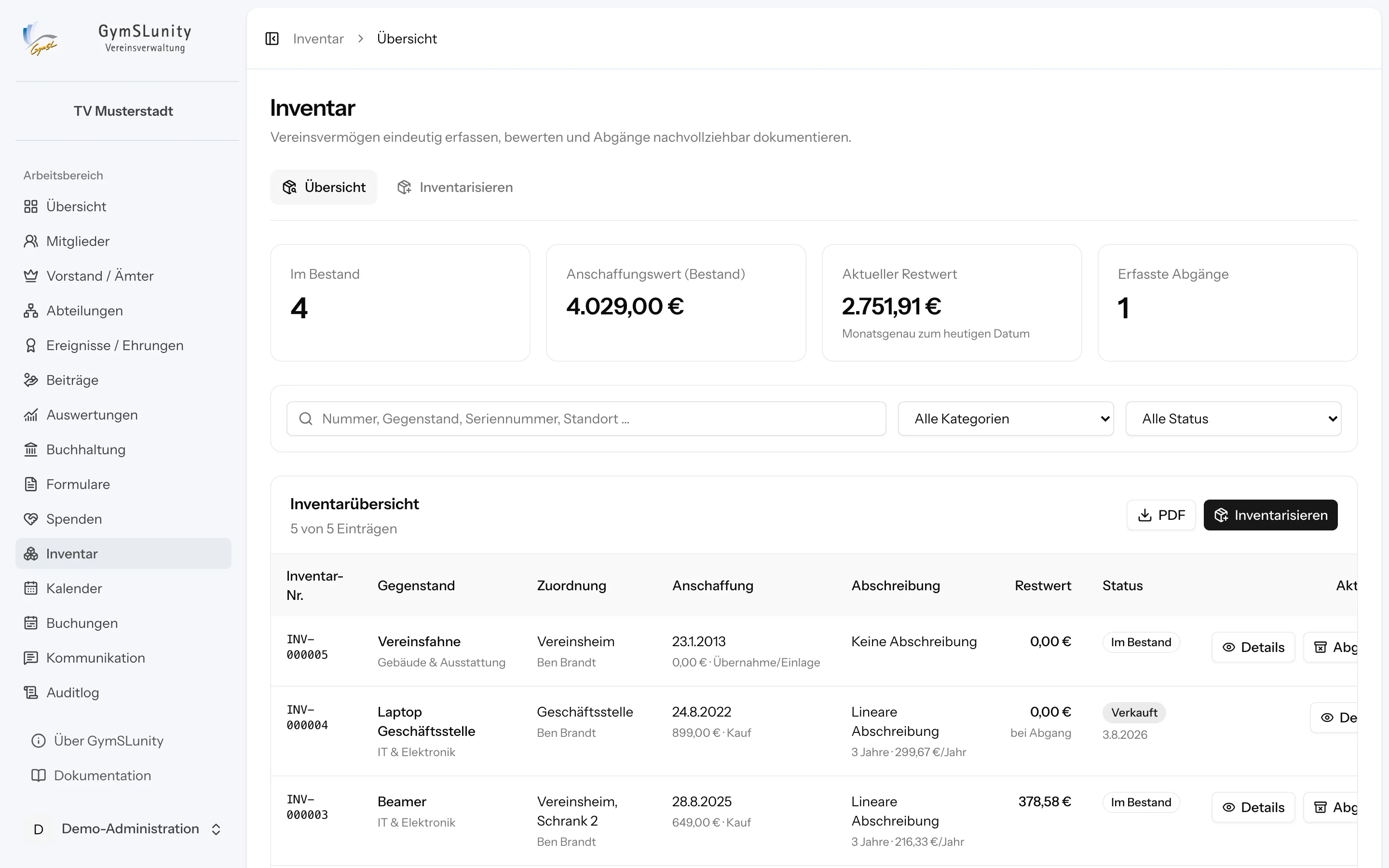 Inventarliste mit Standorten und Werten