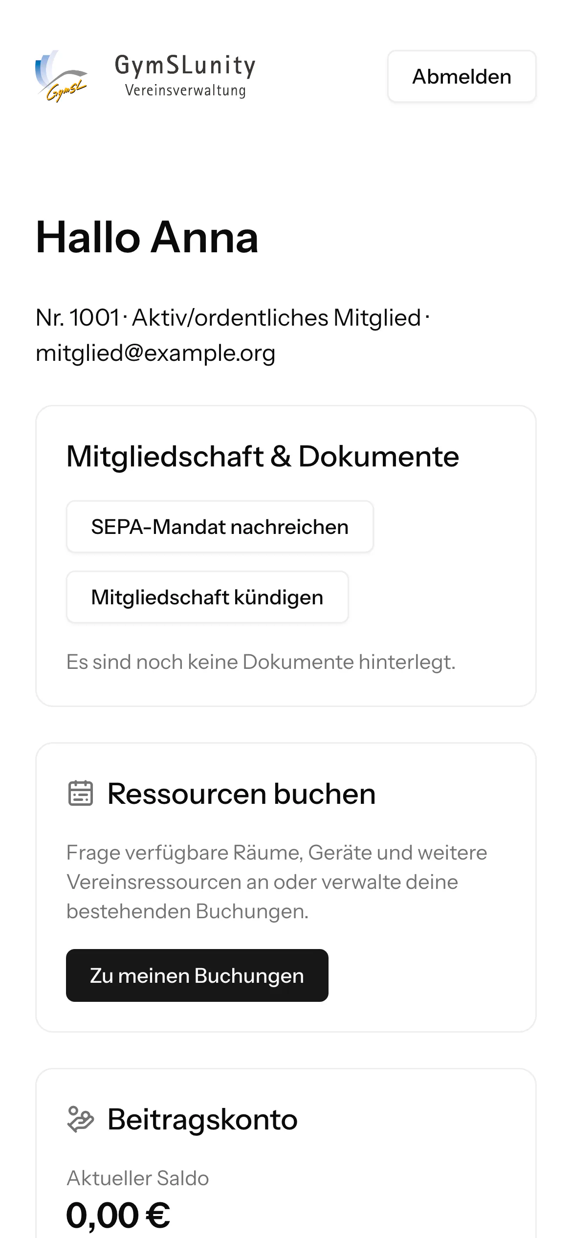 Mitgliederbereich auf einem Smartphone
