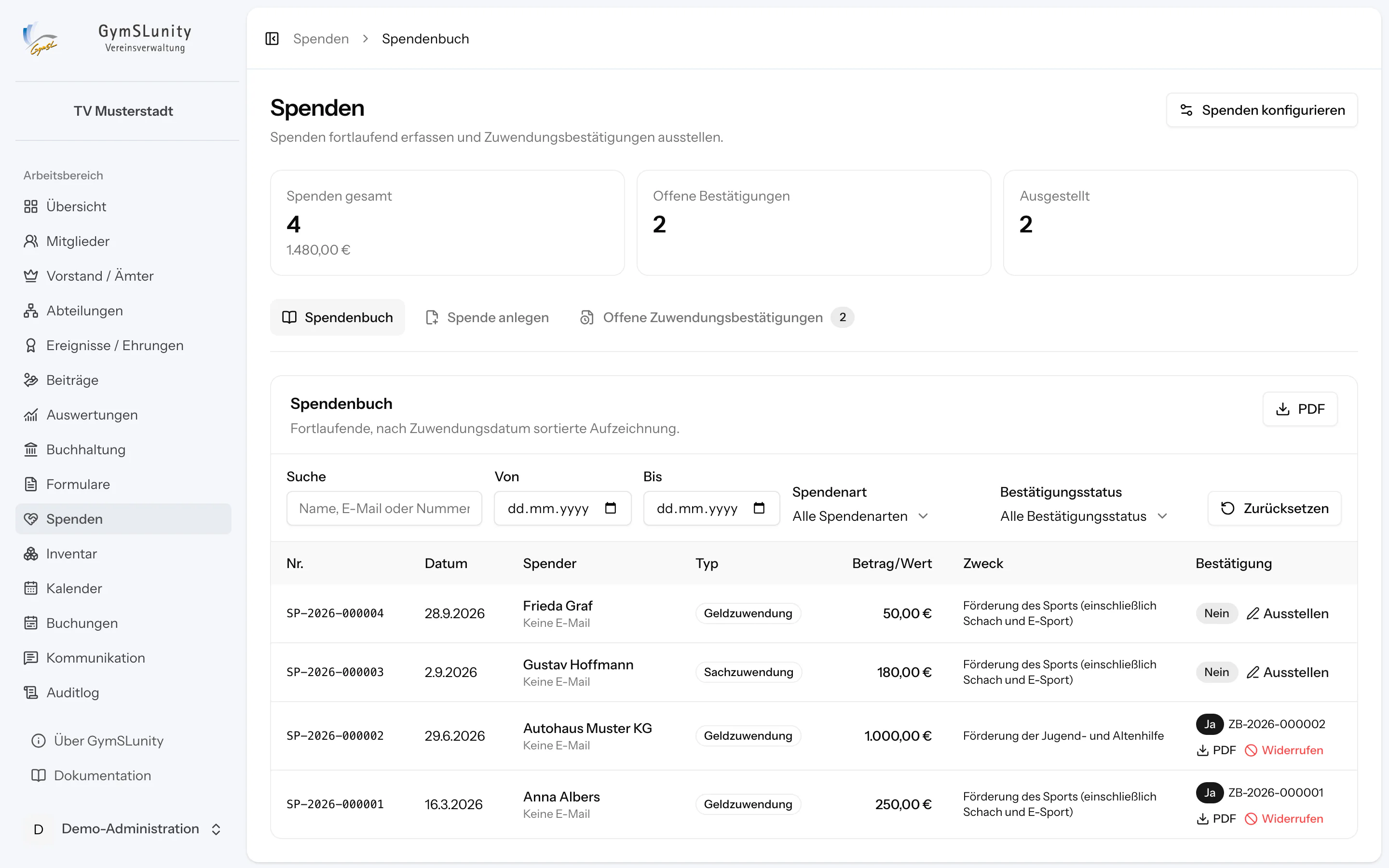 Spendenübersicht mit Spendenbuch und Zuwendungsbestätigungen